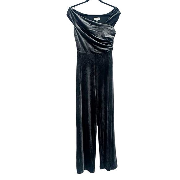 Halston Off the Shoulder Wren Steel Velvet Jumpsuit Ruched Wide Leg Size 4 NWOT - Picture 7 of 13